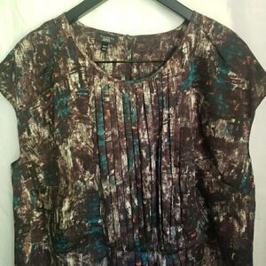 Talbots Blouse Brown Short Sleeve Pleated Boho Abstract Shirt Women Petites 16